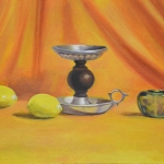 Still Life with metal, glass and lemons.
